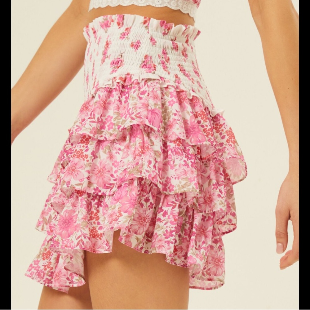 NWT New Altar’d State Andersyn Floral Pink Ruffle Micro Mini Skirt Smocked Small